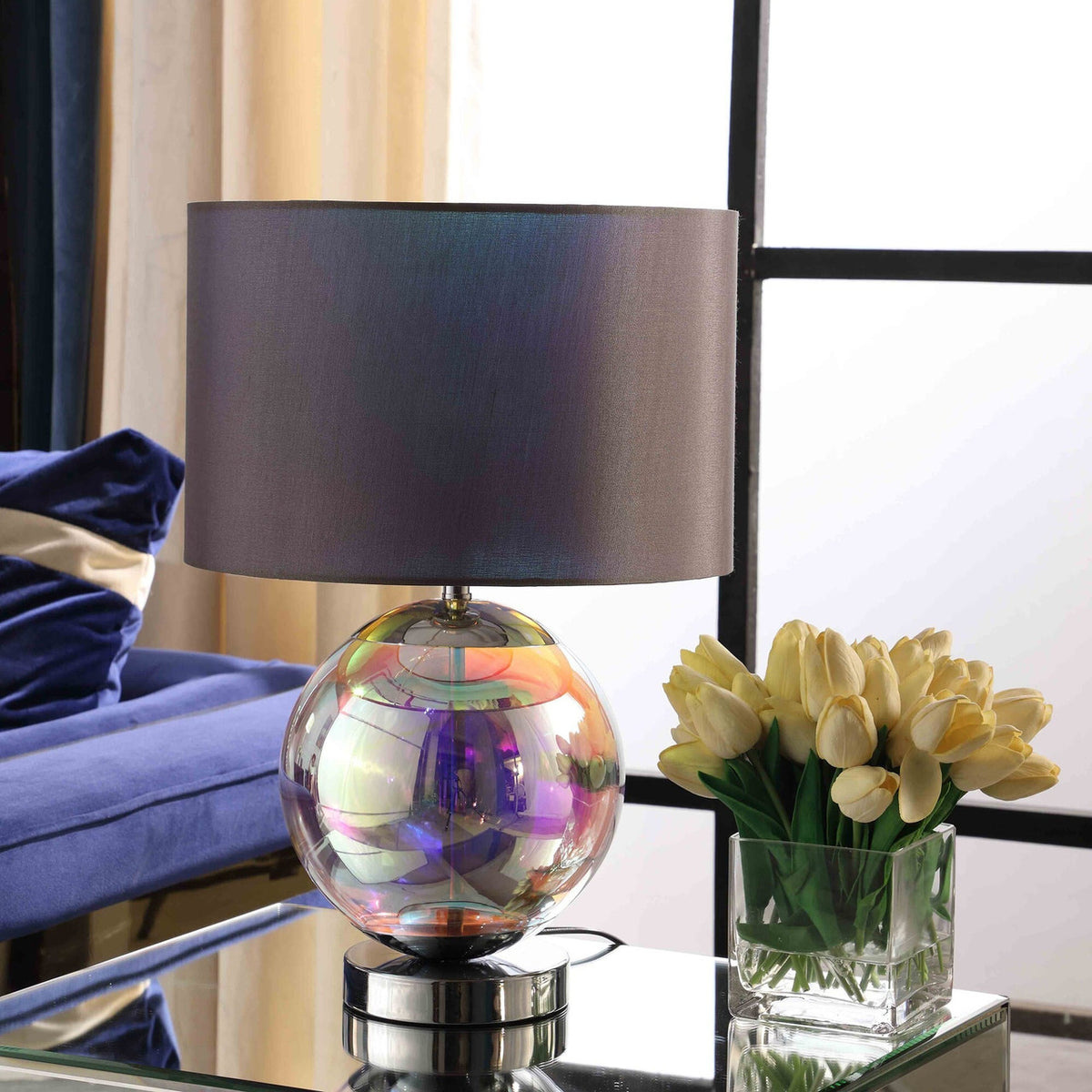 Opaline Globe Table Lamp | Iridescent Glass & Gray Drum Shade