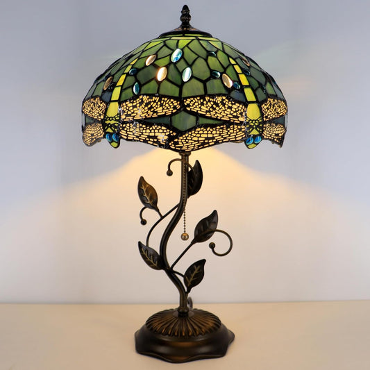 Dragonfly Stained Glass Lamp | Teal Tiffany-Style on Bronze Vine
