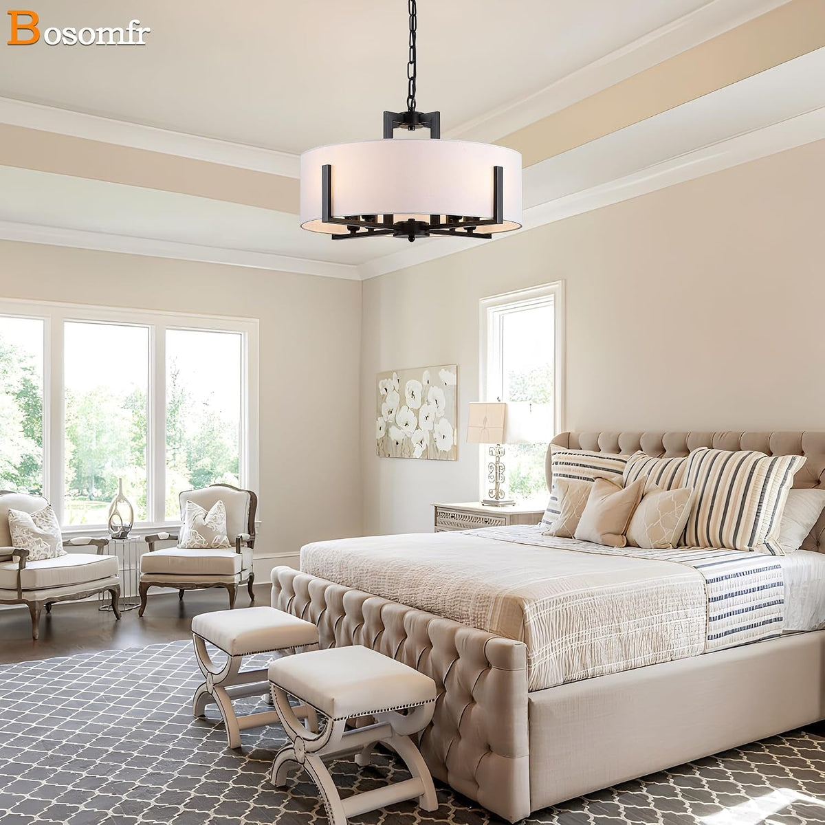 Linen Drum Chandelier | Eight-Light Matte Black & White