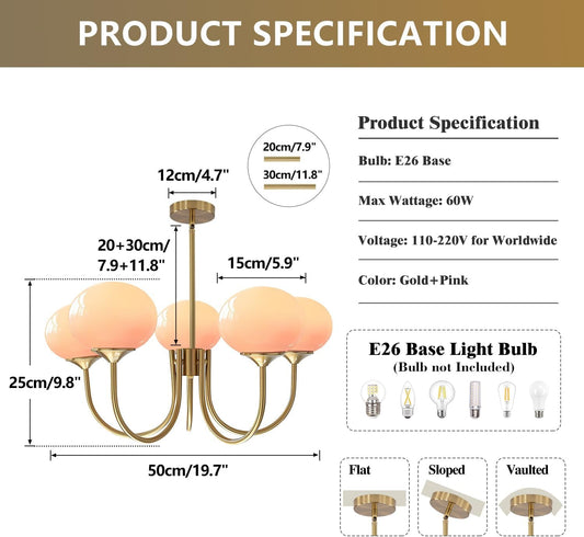 Blush Glass Chandelier | Five Pink Globes on Gold