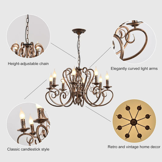 French Country Candle Chandelier | Eight-Light Bronze
