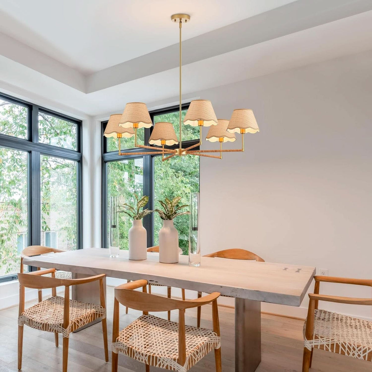Rattan Wagon Wheel Chandelier | Six-Light Handwoven