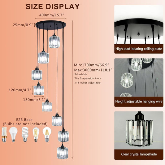 Cascading Crystal Chandelier | Eight-Light Black Spiral