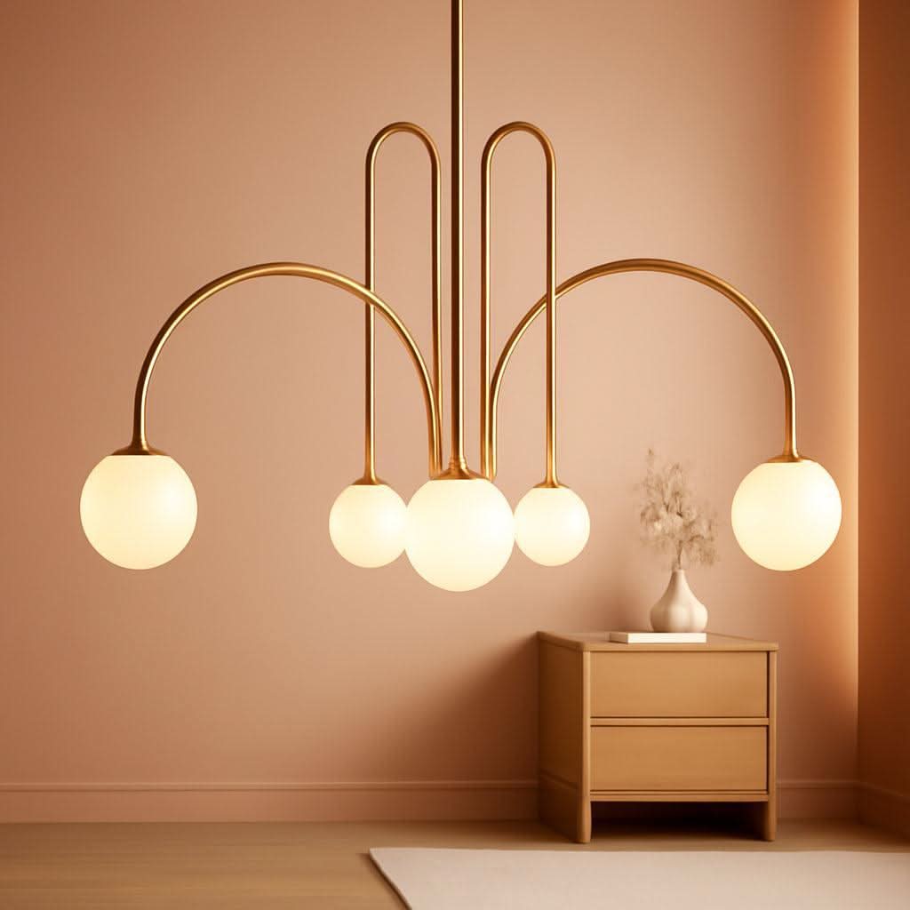 Golden Sputnik Chandelier | Six Milk Glass Globes