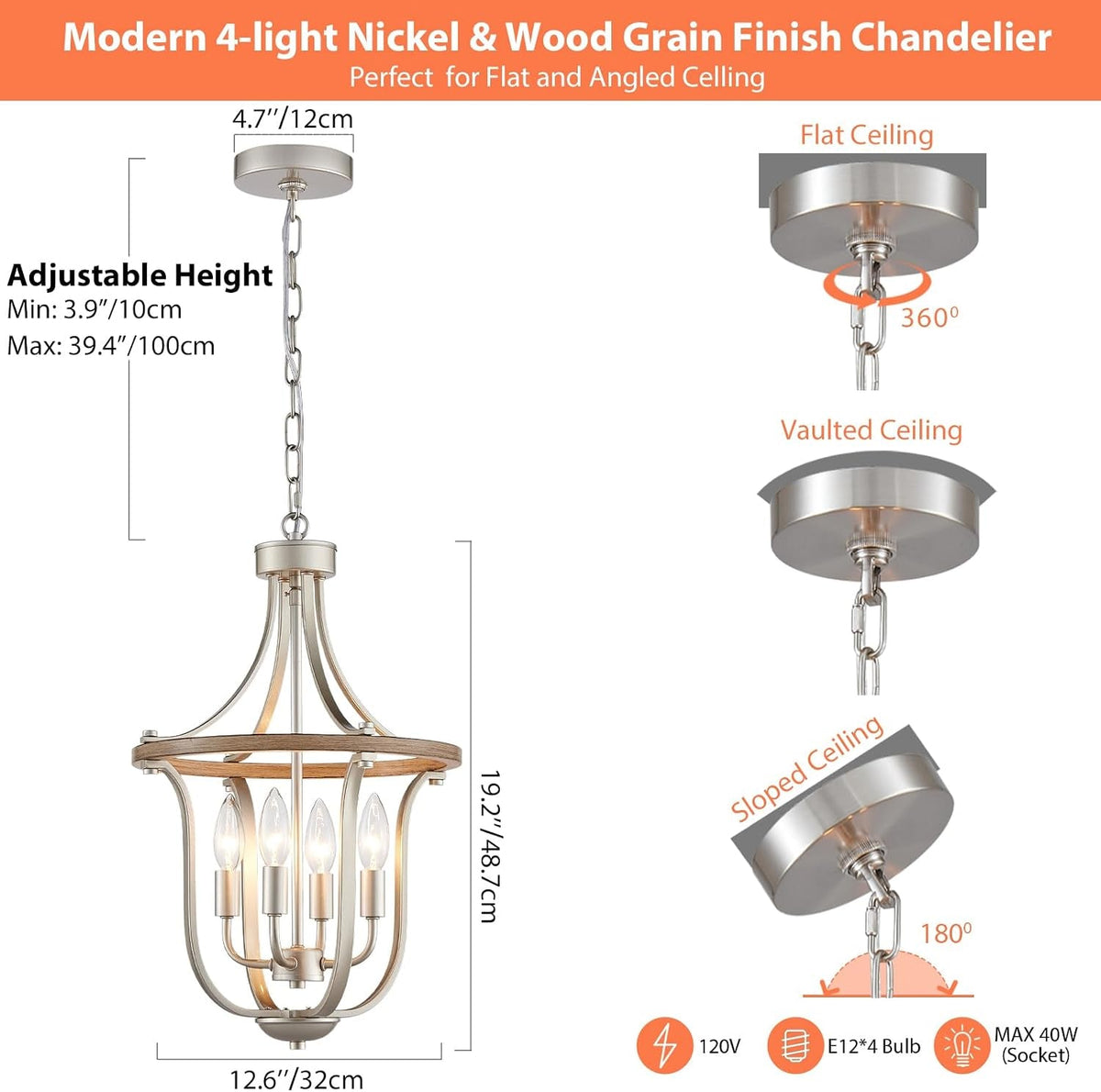 Lattice Geometric Chandelier | Four-Light Nickel & Wood