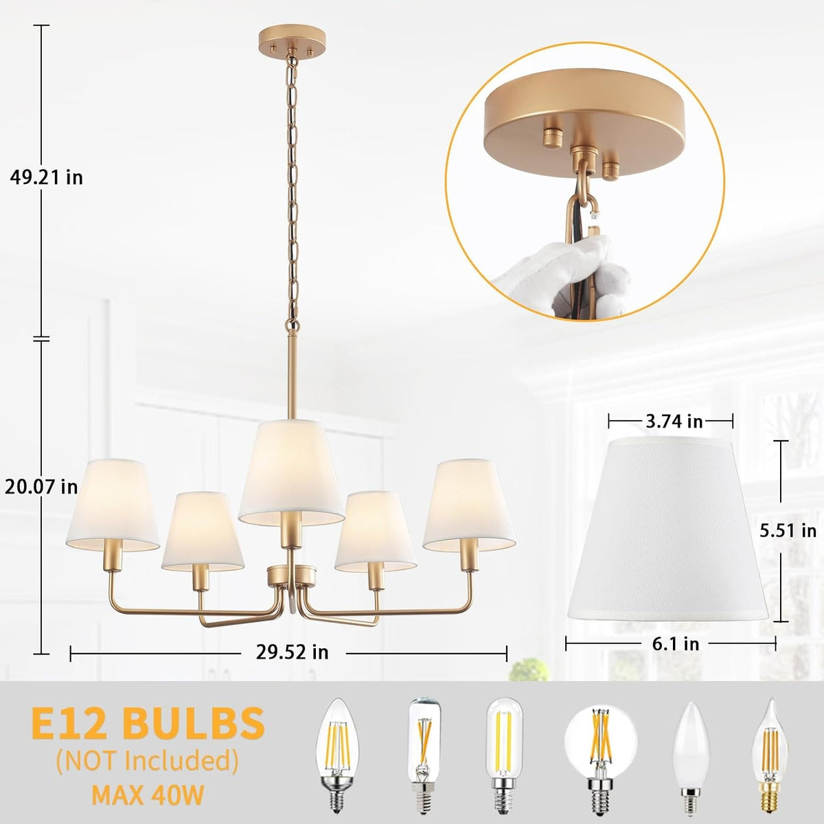 Ivory Shade Chandelier | Five-Light Brushed Gold