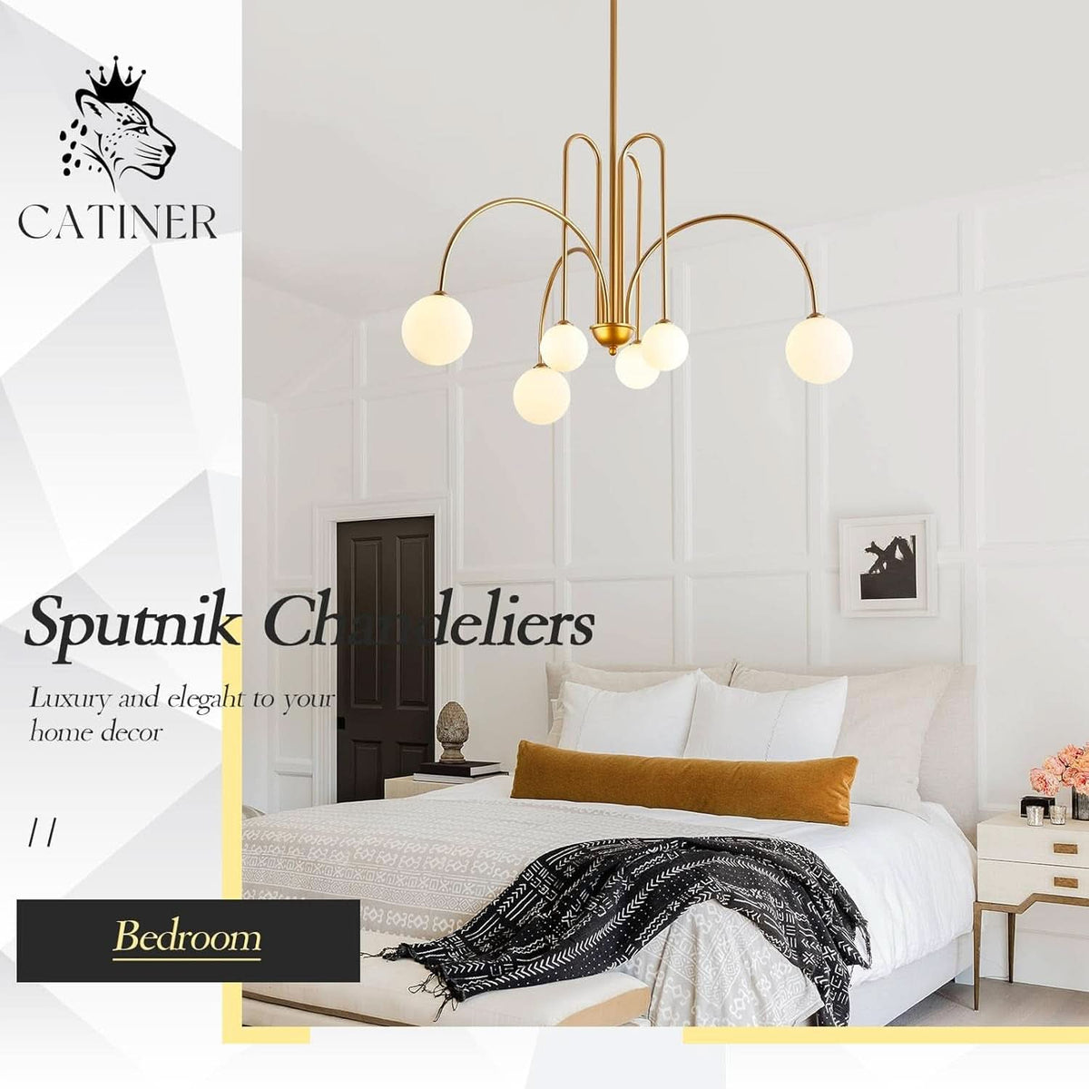 Golden Sputnik Chandelier | Six Milk Glass Globes