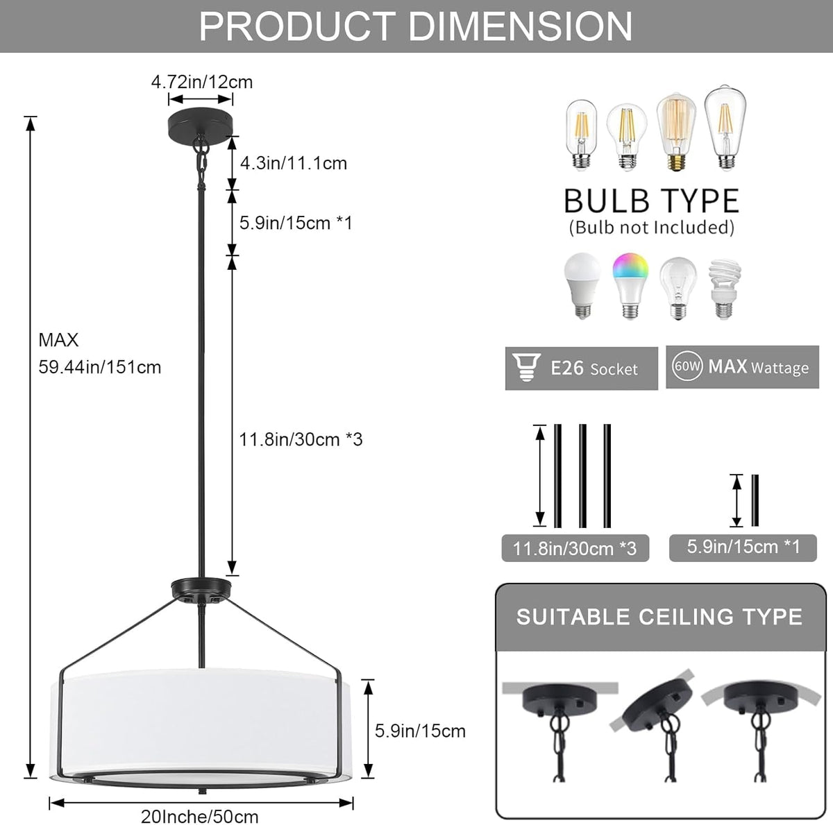 Gallery Drum Pendant | Five-Light Black & Fabric
