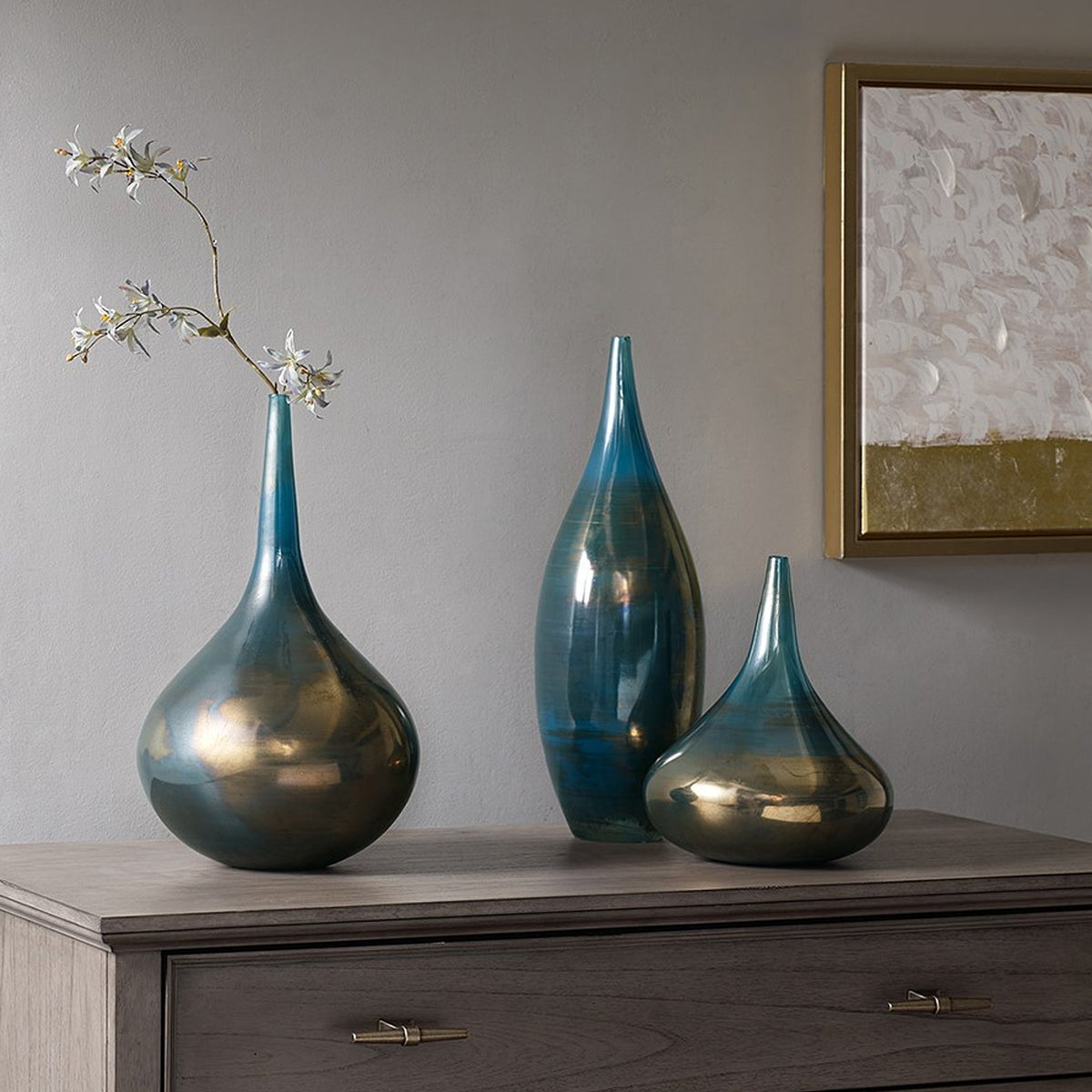 Lustre Glass Vase Trio | Blue & Bronze