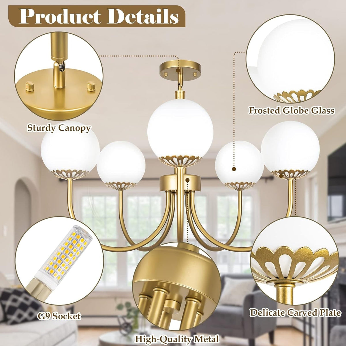 Moonglow Globe Chandelier | Five-Light Matte Gold