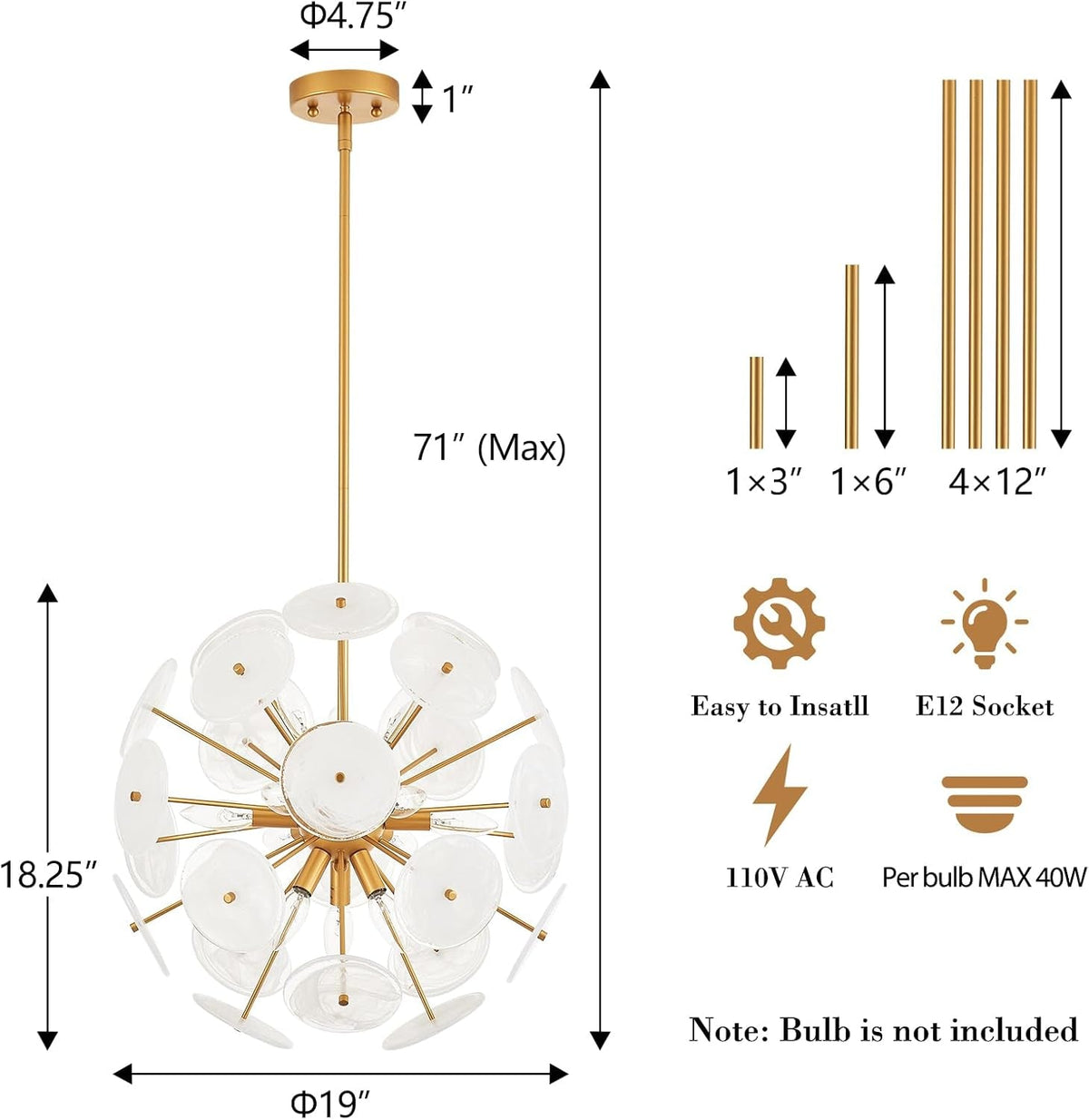 Golden Starburst Chandelier | 12-Light Sputnik Pendant