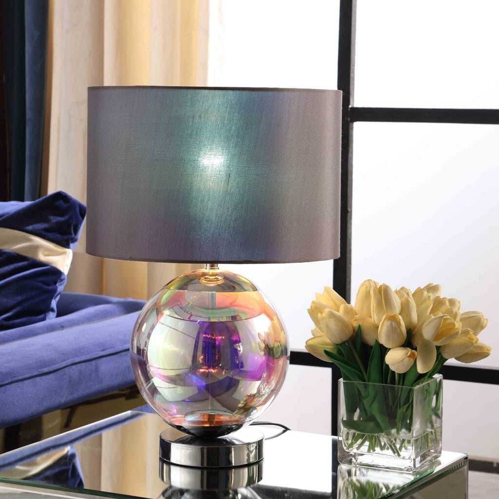 Opaline Globe Table Lamp | Iridescent Glass & Gray Drum Shade