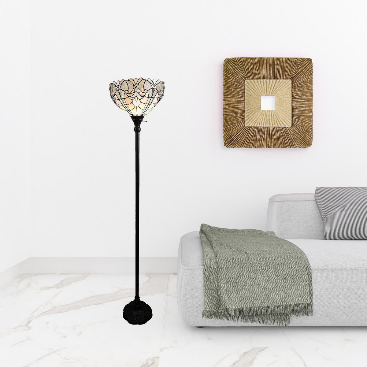 Valdobbia Torchiere Floor Lamp | Bronze & Tiffany-Style Glass Dome