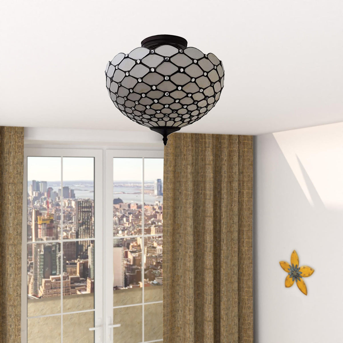 Castelmagno Semi-Flush Ceiling Light | Black & White Tiffany-Style Glass
