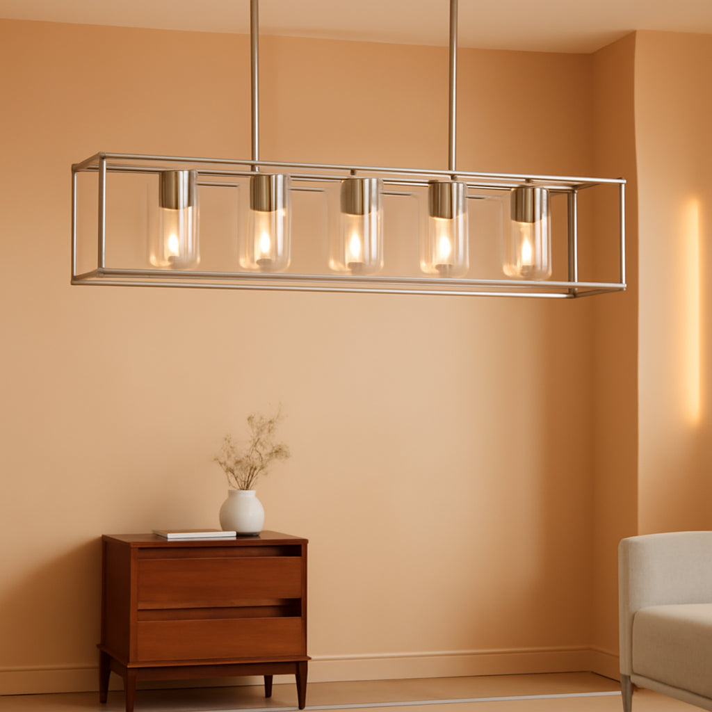 Bistro Linear Pendant | Five-Light Nickel & Clear Glass