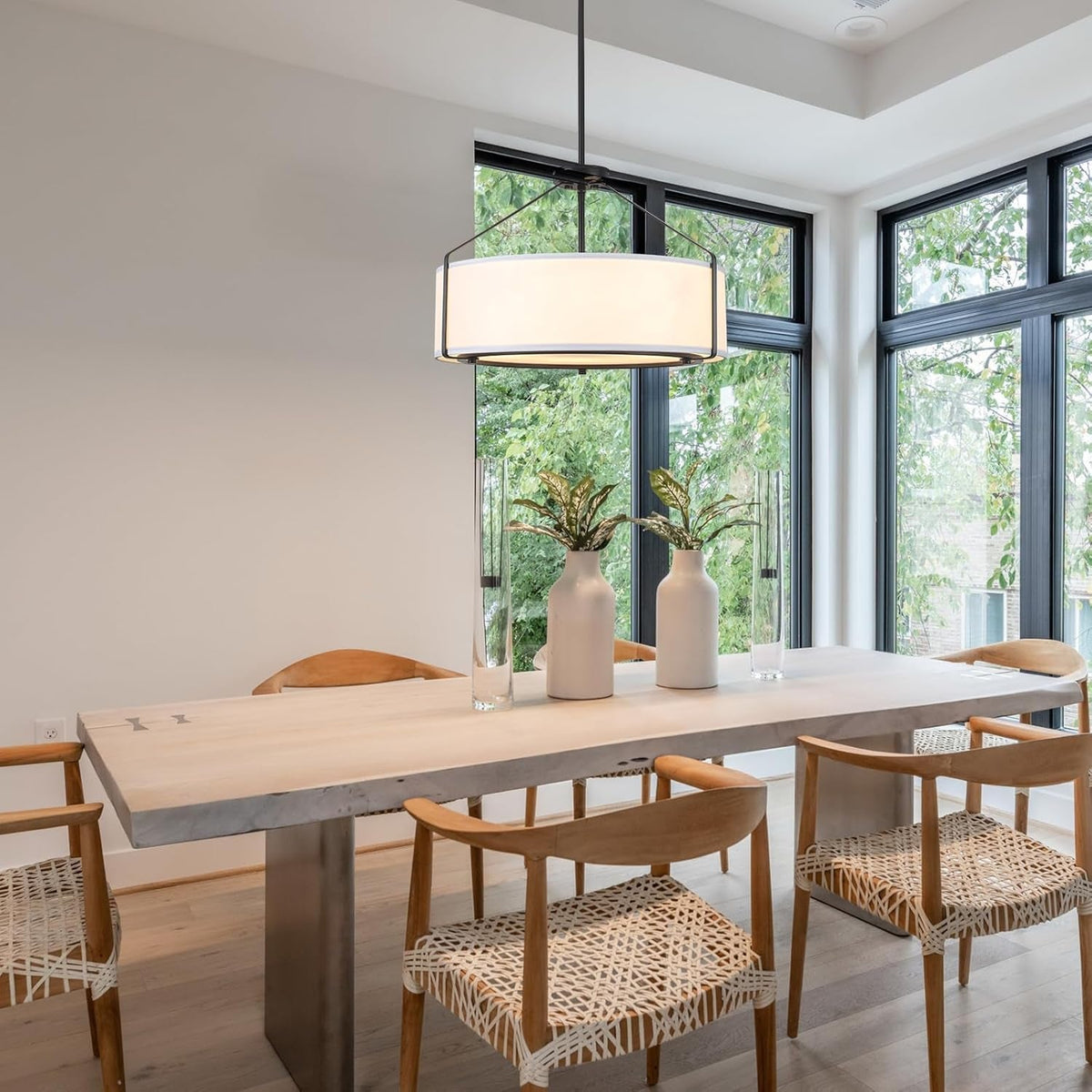 Gallery Drum Pendant | Five-Light Black & Fabric