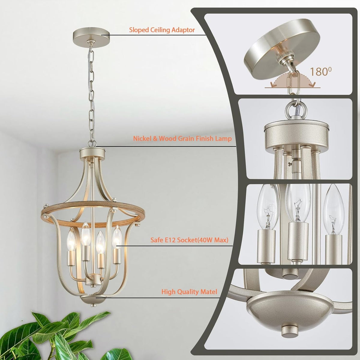 Lattice Geometric Chandelier | Four-Light Nickel & Wood