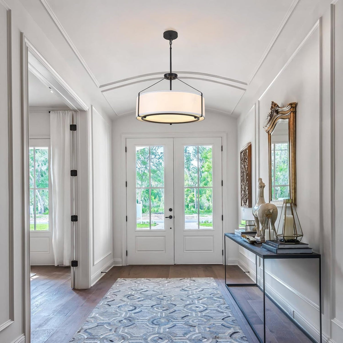 Gallery Drum Pendant | Five-Light Black & Fabric