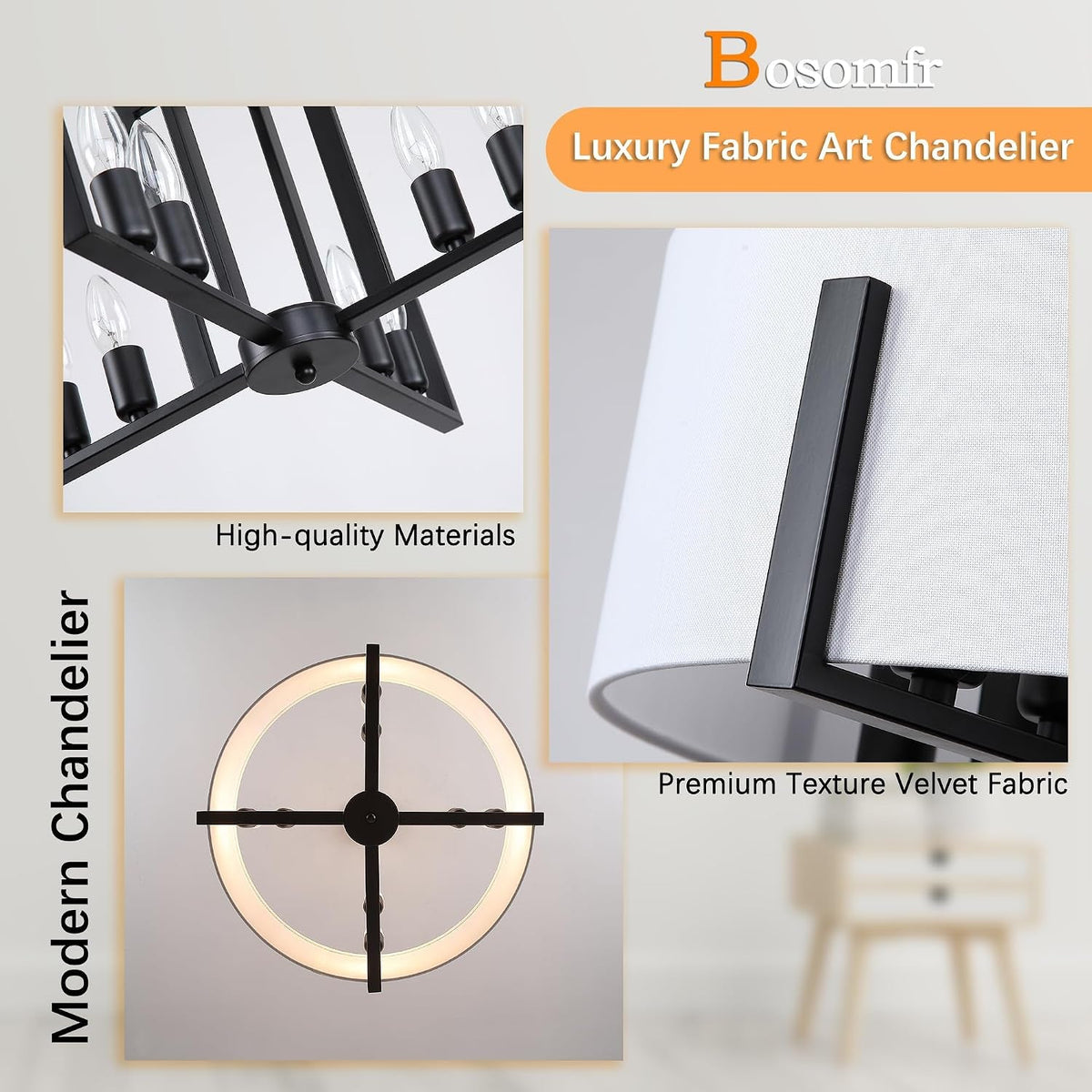 Linen Drum Chandelier | Eight-Light Matte Black & White