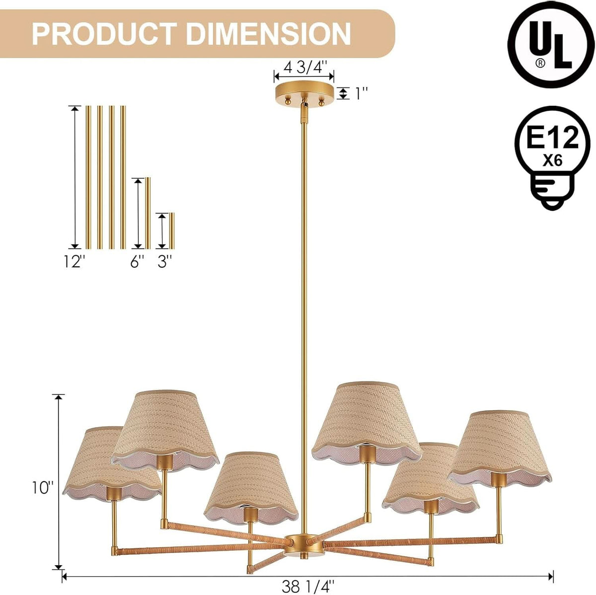 Rattan Wagon Wheel Chandelier | Six-Light Handwoven