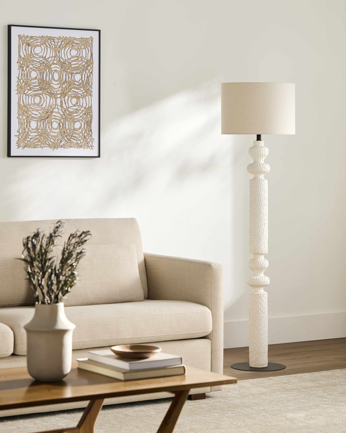 Whitewashed Carved Floor Lamp, Round Linen Shade, 62 in | Maltignano