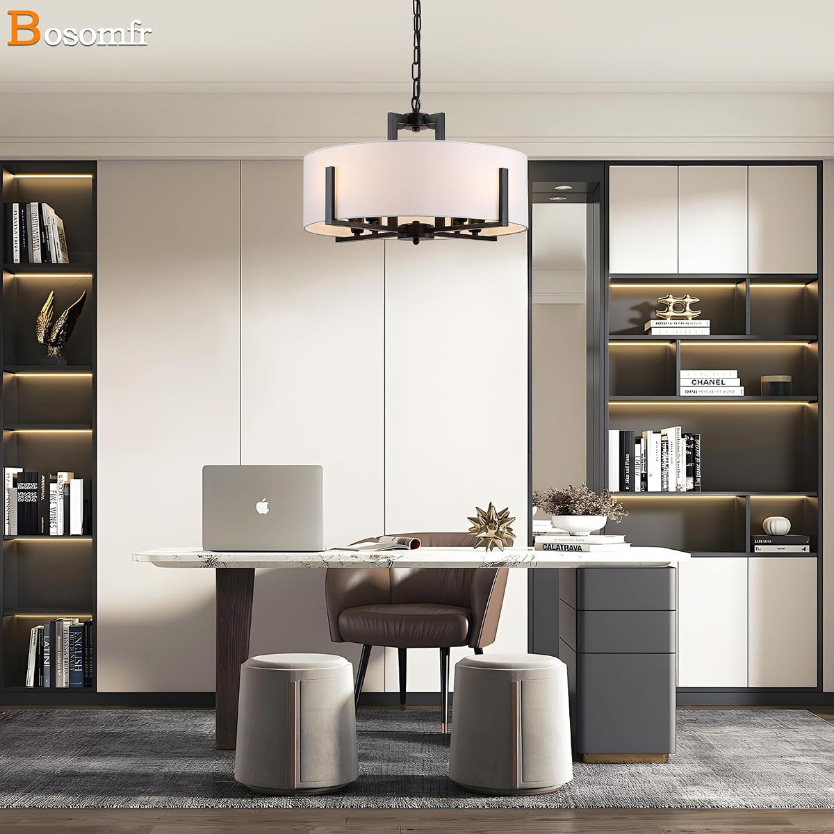 Linen Drum Chandelier | Eight-Light Matte Black & White