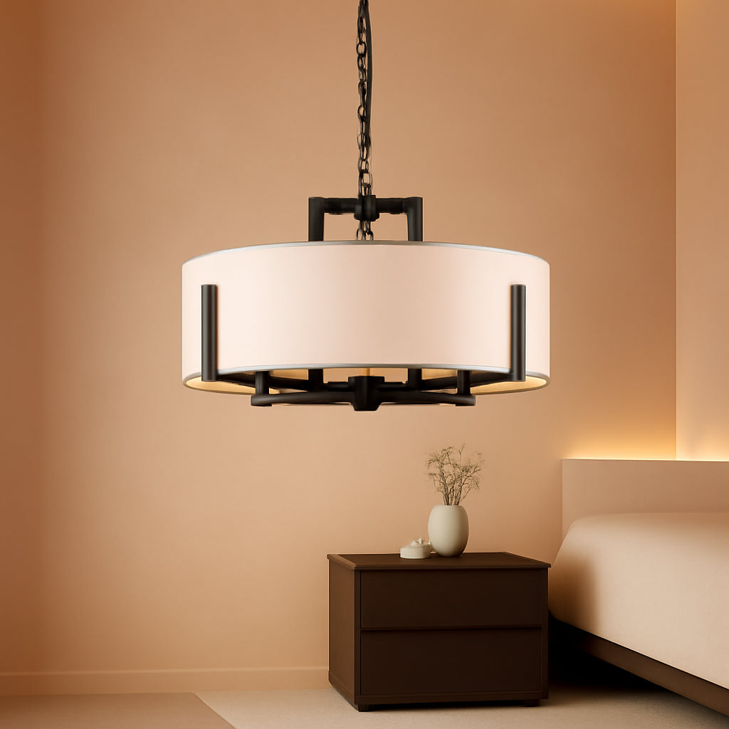 Linen Drum Chandelier | Eight-Light Matte Black & White