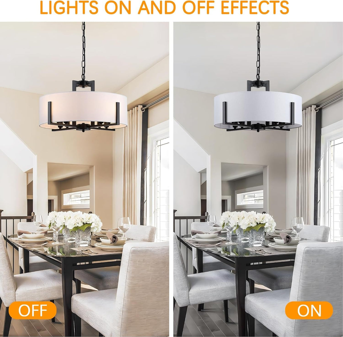 Linen Drum Chandelier | Eight-Light Matte Black & White