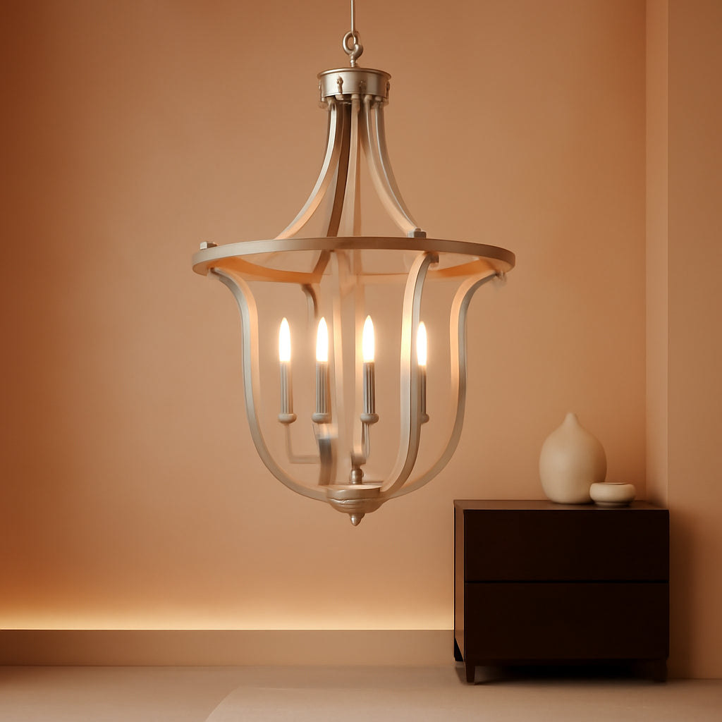Lattice Geometric Chandelier | Four-Light Nickel & Wood