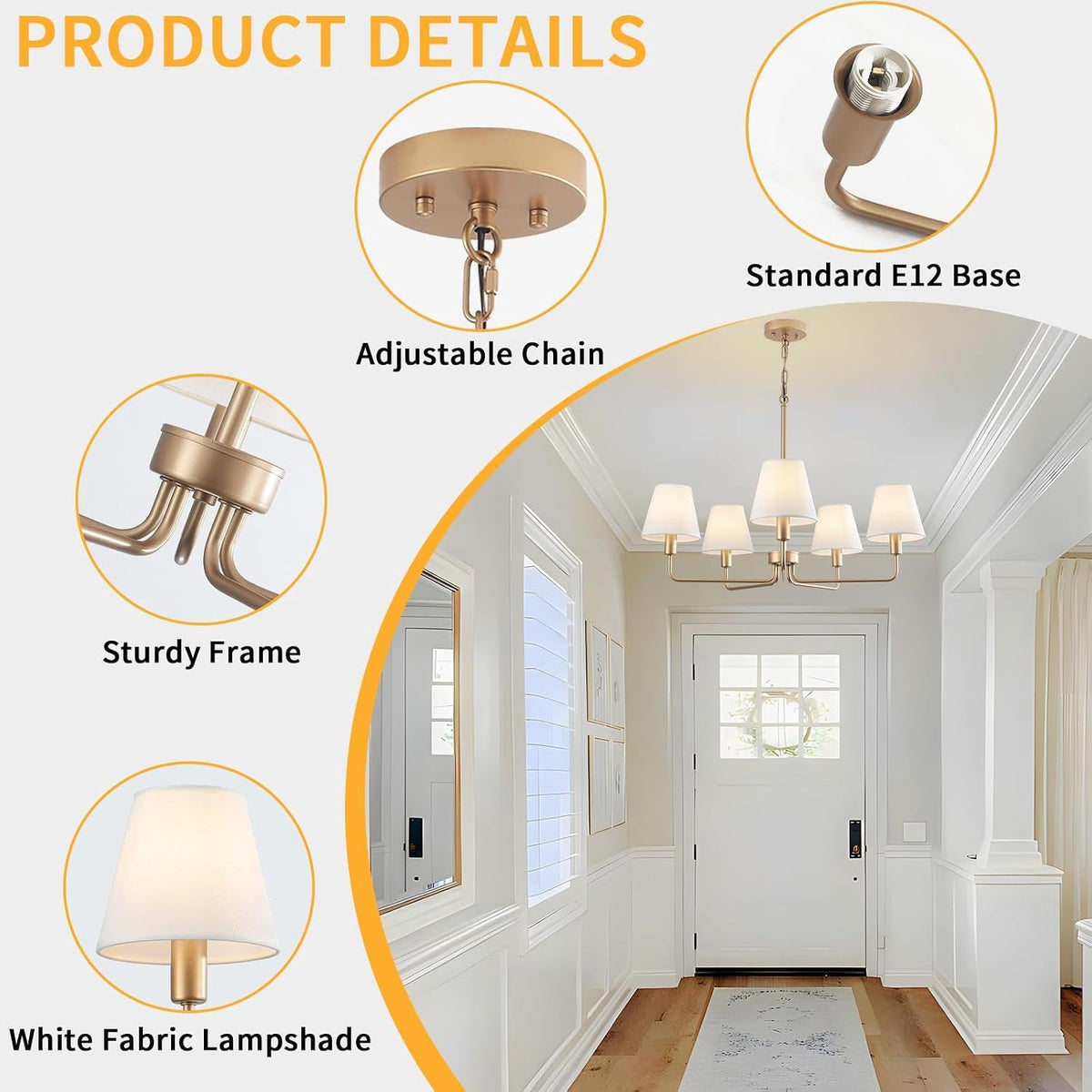 Ivory Shade Chandelier | Five-Light Brushed Gold