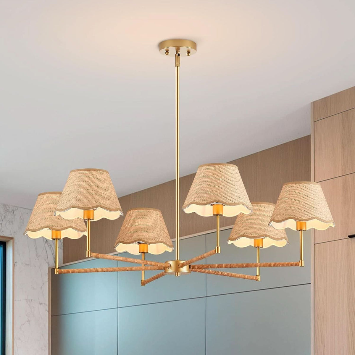 Rattan Wagon Wheel Chandelier | Six-Light Handwoven