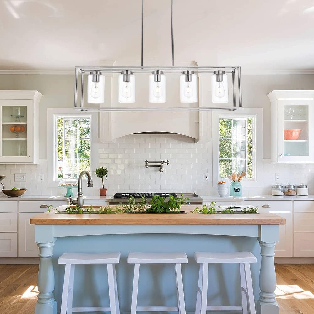 Bistro Linear Pendant | Five-Light Nickel & Clear Glass