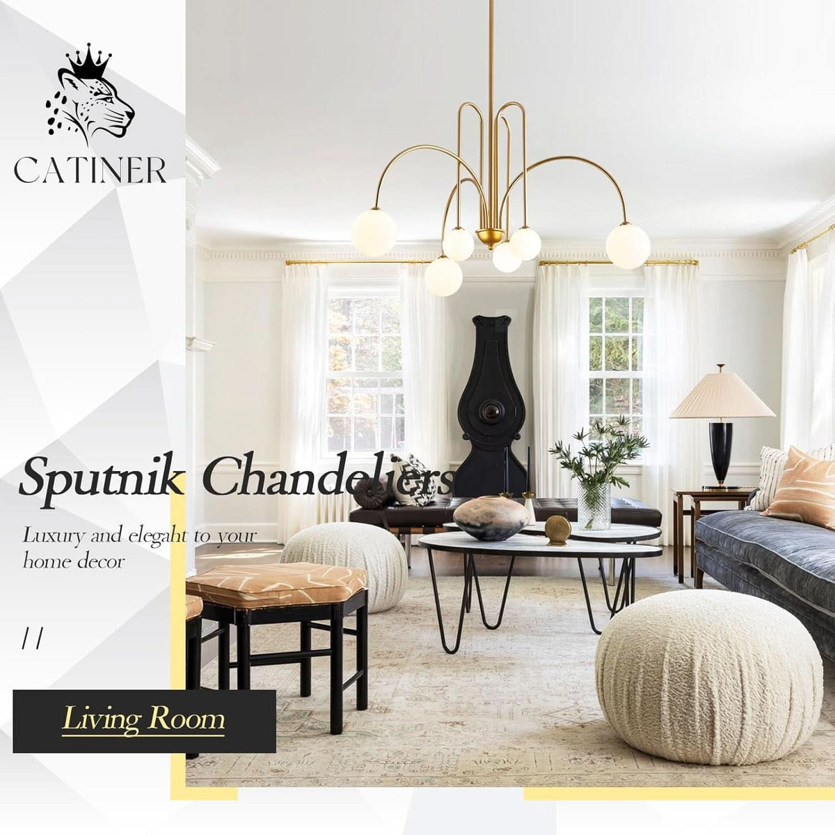 Golden Sputnik Chandelier | Six Milk Glass Globes